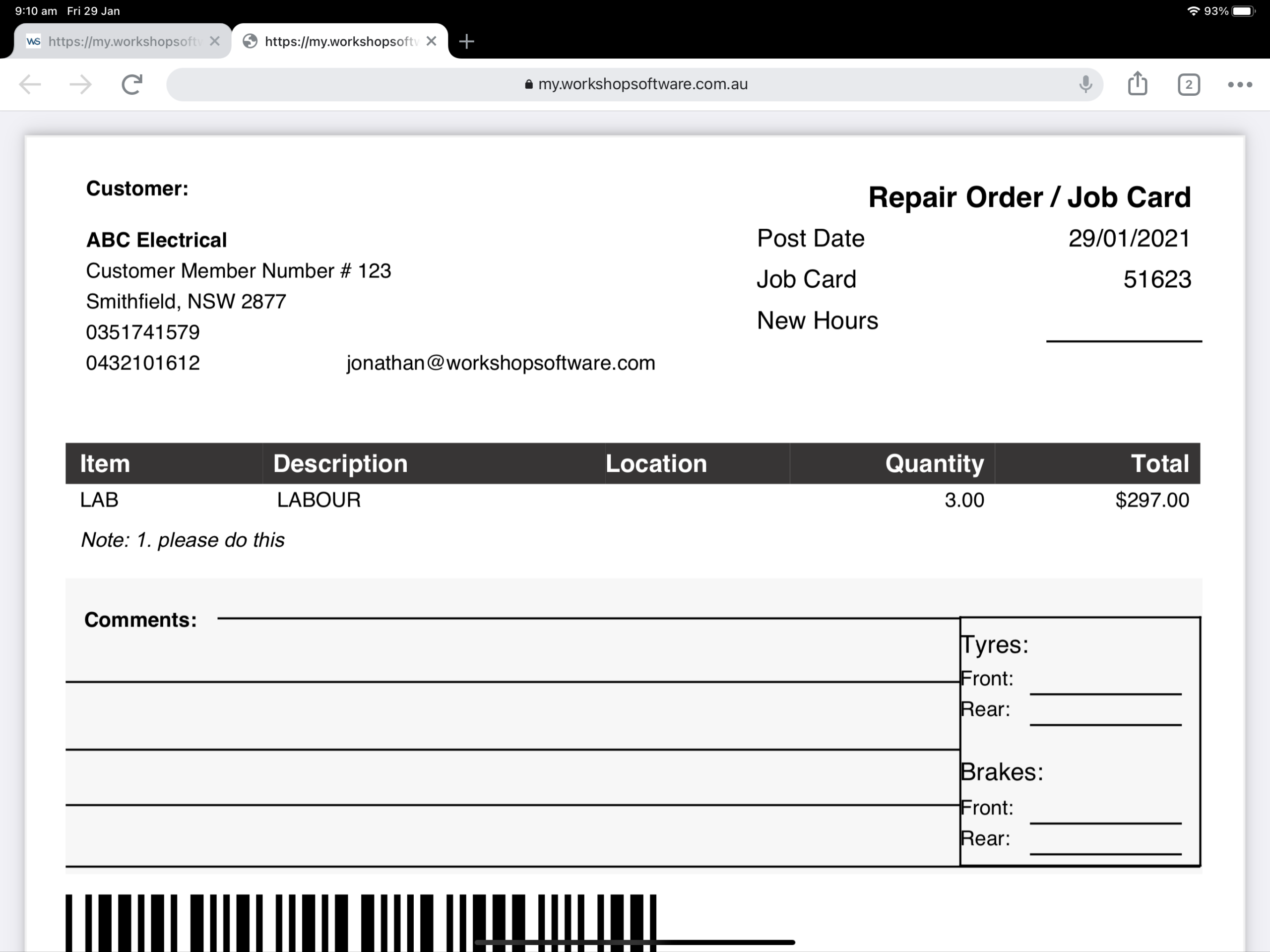 Repair order and job card viewed on a tablet showing the barcode