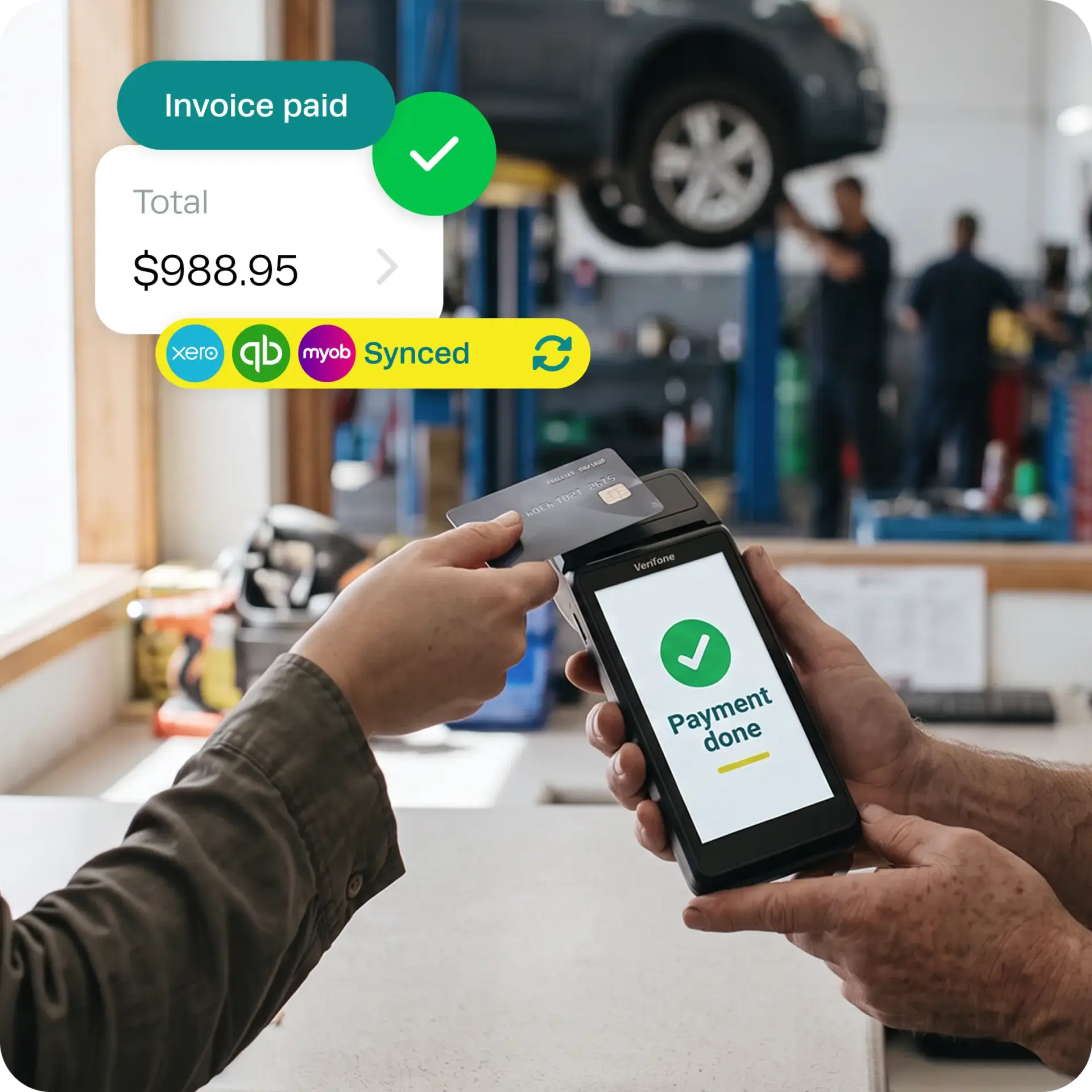 Customer paying a workshop invoice on a phone, with the payment confirmed