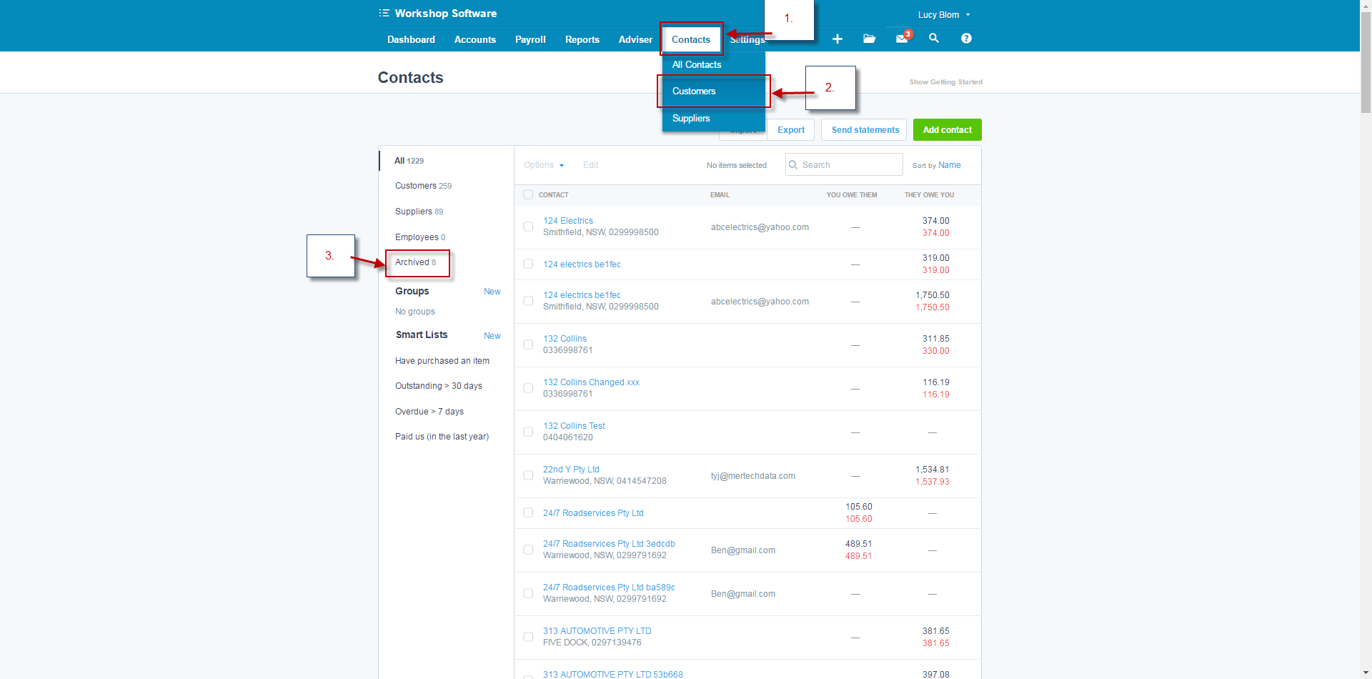 Xero Contacts menu showing Customers option and Archived filter in navigation