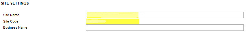 COVS ProLink Site Settings page with the Site Name and Site Code fields highlighted