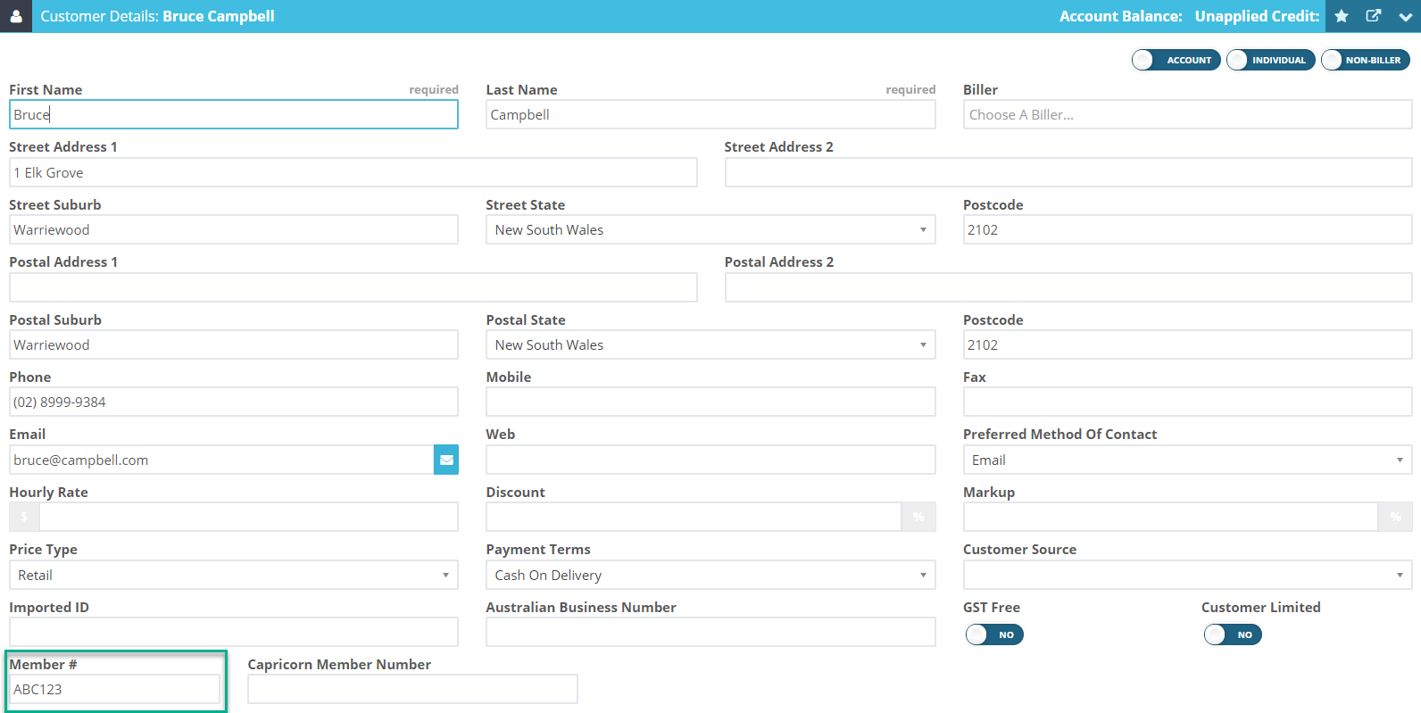 Workshop Software screen showing if you open a customer's profile page you can add a member number here