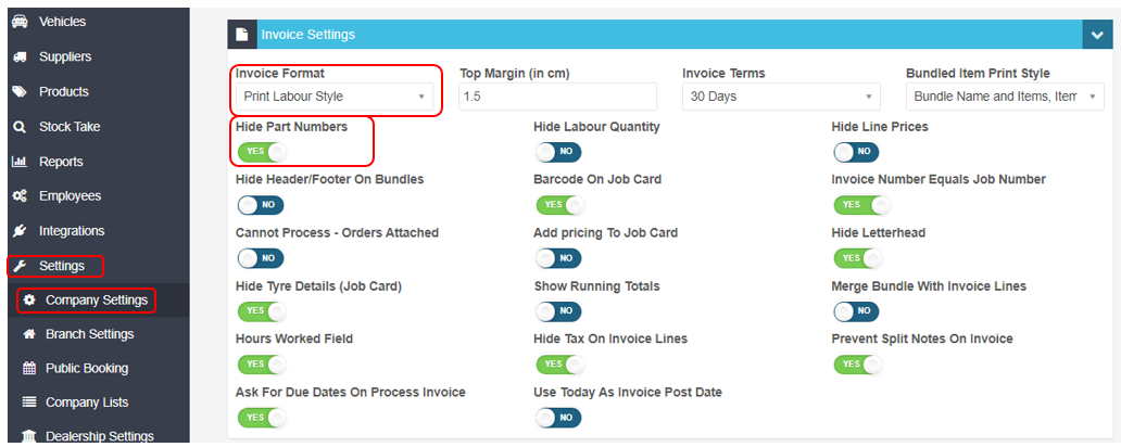 Workshop Software screen showing settings > company settings > invoice settings having the invoice template as...
