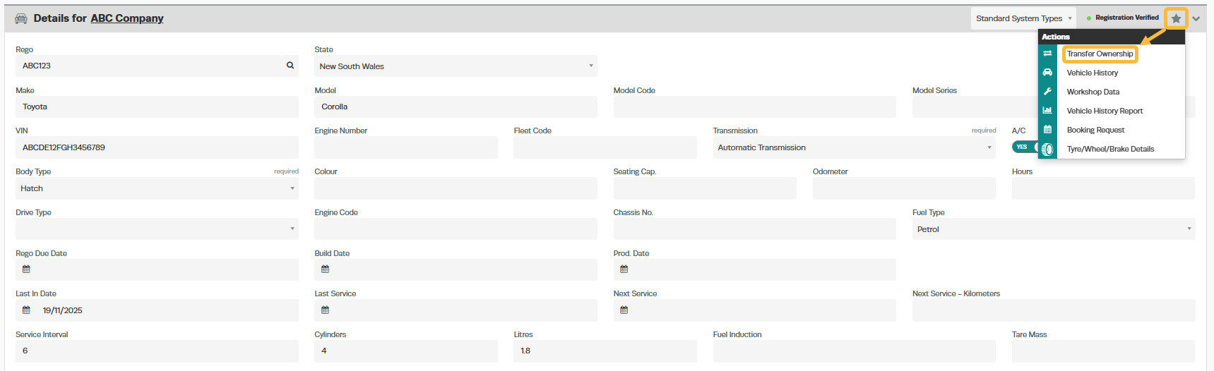 Workshop Software transfer vehicle ownership showing ' star' icon at the top right of the screen and then select 'transfer...