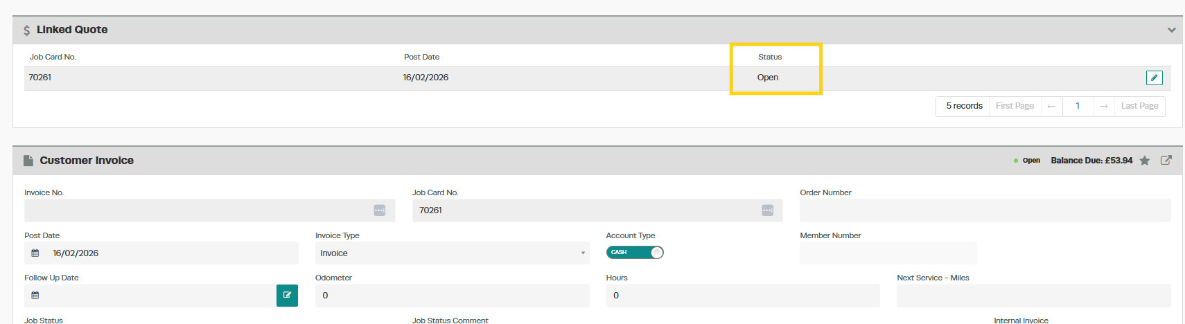 Workshop Software screen showing the quote will still show as “open” in the system, but it will be linked to t...