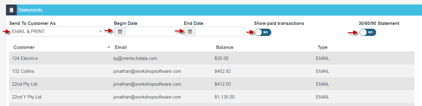 Workshop Software screen showing how you wish to send to customer statement begin period (this can be left bla...