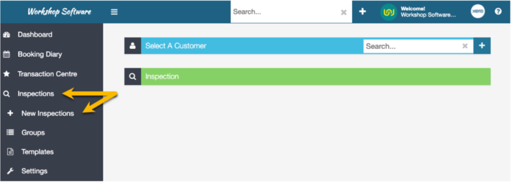 Workshop Software screen showing creating a new inspection - using the left-hand side menu, click on inspectio...