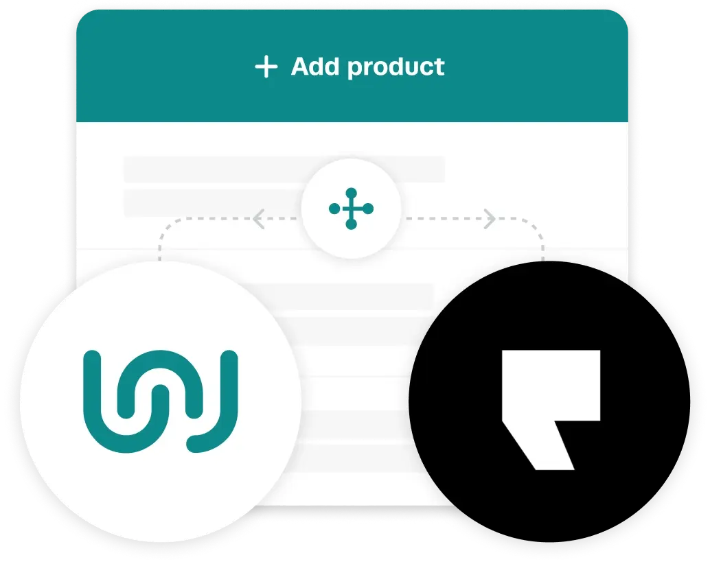 A digital illustration showing a central '+ Add product' interface hub connecting the Workshop Software logo and the Podium logo, representing a seamless software integration.