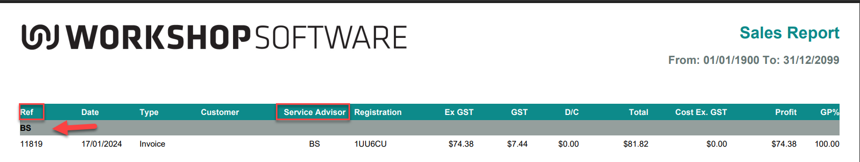 Workshop Software Sales Report with the Ref and Service Advisor columns highlighted and an arrow pointing to the advisor code grouping row