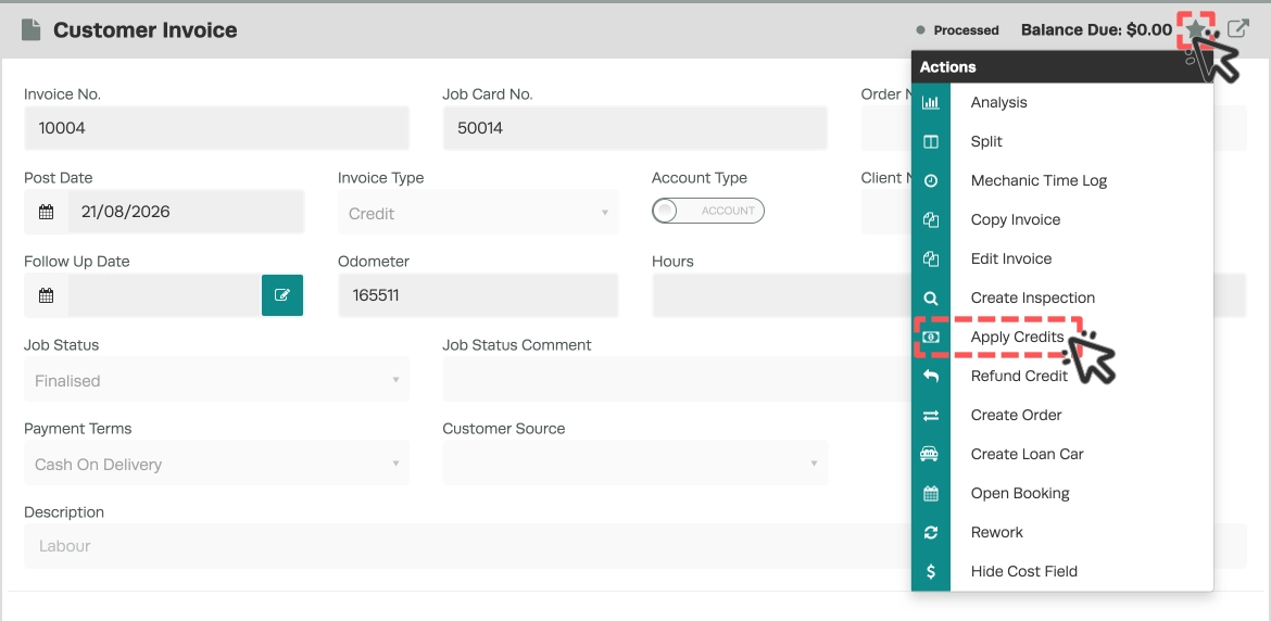 A screenshot of a Customer Invoice, cursors indicate to click the Star icon then choose Apply Credit.