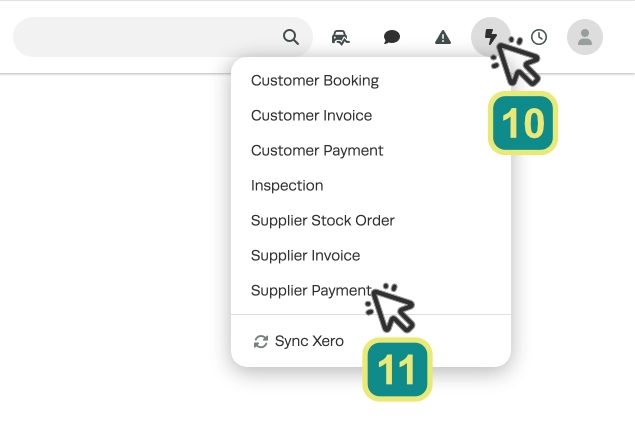 A cropped screenshot of Workshop Software, numbered cursors show clicking the Lightning Bolt icon and selecting Supplier Payment