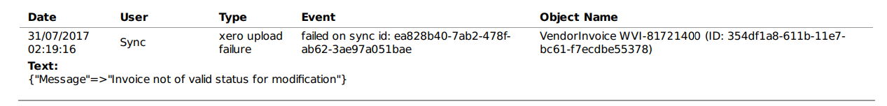 Event log entry showing a Xero upload failure with the message invoice not of valid status for modification