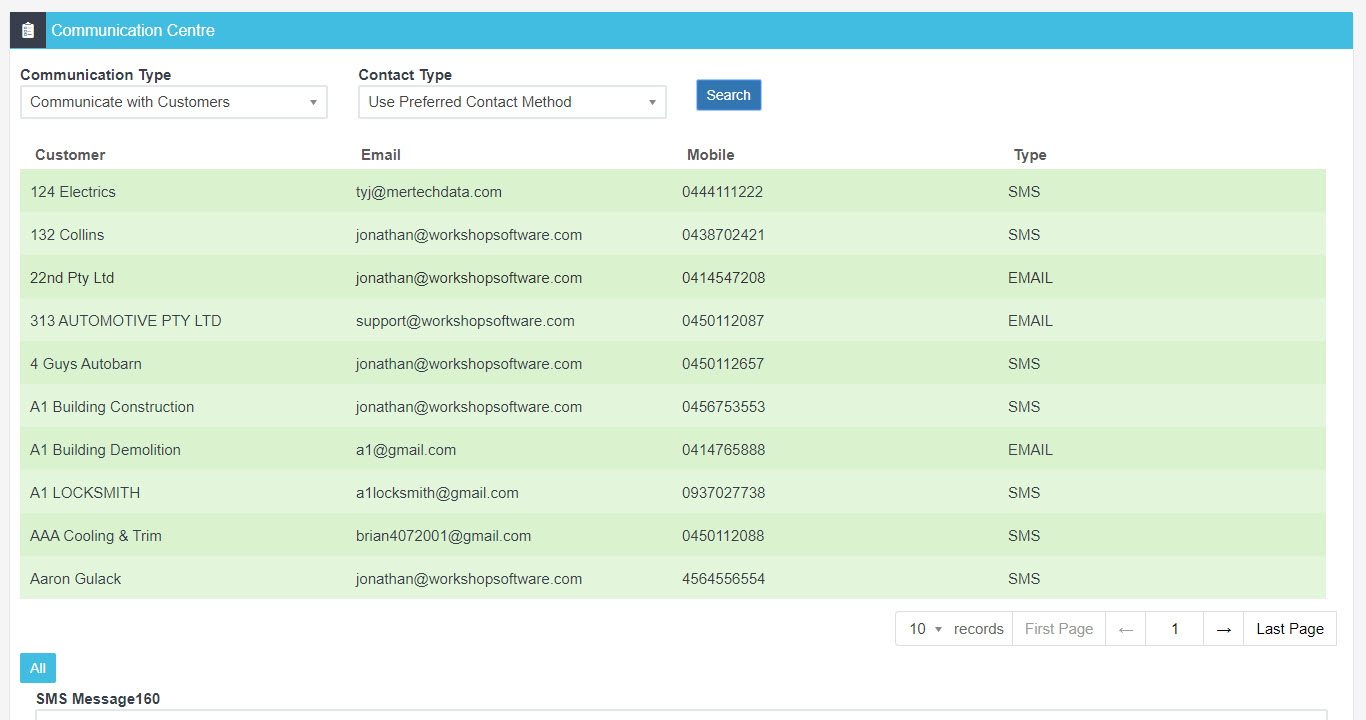 Workshop Software screen showing this will bring up a list of customers with mobile numbers