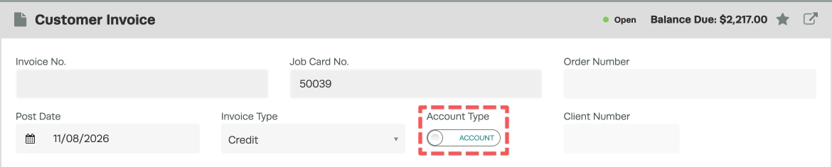 A screenshot of a Customer Credit, the Account Type toggle is highlighted and set to Account.