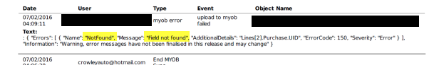 Event log showing a MYOB upload failure with Field not found highlighted