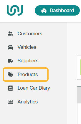 Workshop Software screen showing on the left-hand side options, select ' products '