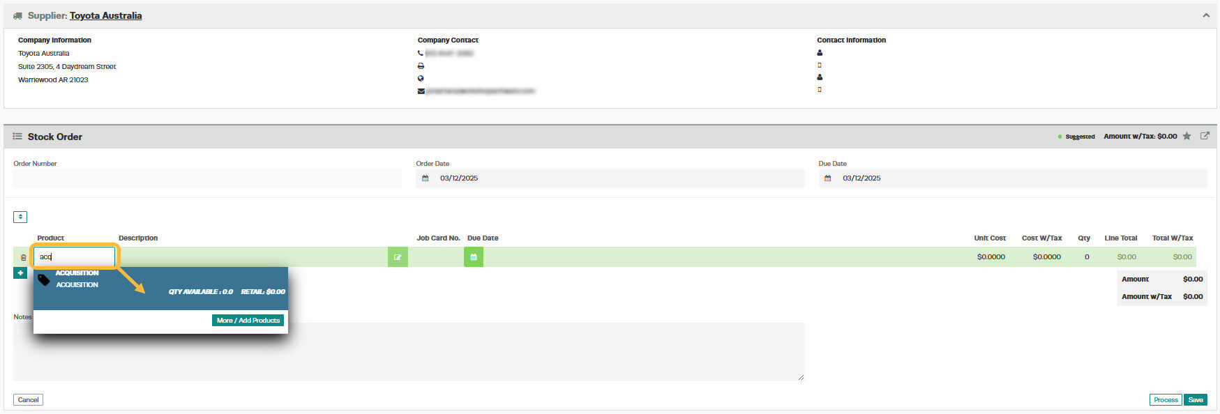 Workshop Software screen showing to add the units enter in ' acquisition ' into the product column of the stoc...