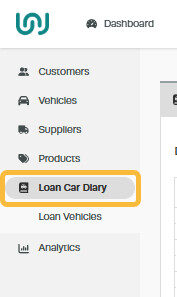 Workshop Software starting a loan car booking showing ' loan car diary '