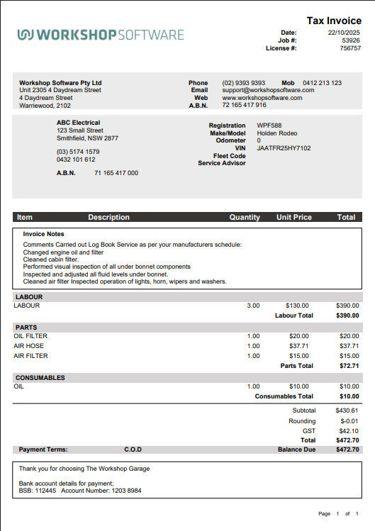 Tax invoice in the Notes At Top format with the invoice notes printed above the labour and parts lines