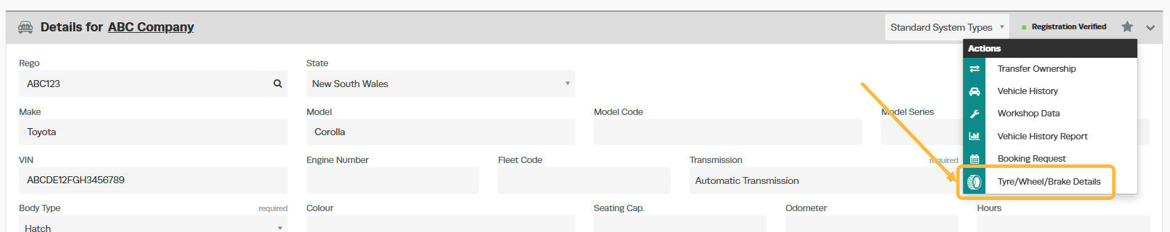 Workshop Software screen showing and click on the ' tyre details ' option