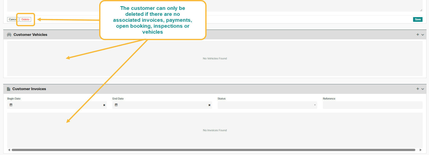 Workshop Software screen showing you will only be able to delete the customer if they have no vehicles or invo...