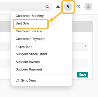 Workshop Software screen showing to make a new sale of a unit, open the ' + ' menu at the top right of the pag...