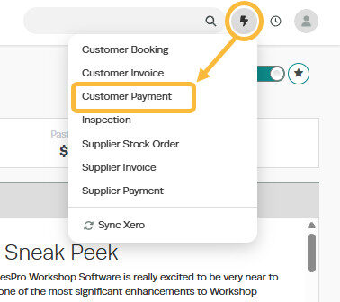Workshop Software customer payment showing '+' icon located next to the main search bar in workshop software and select ...
