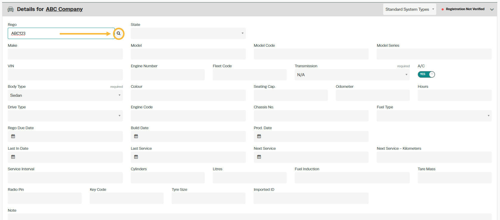 Workshop Software screen showing then click on the magnifying glass on the right-hand side of the rego field t...