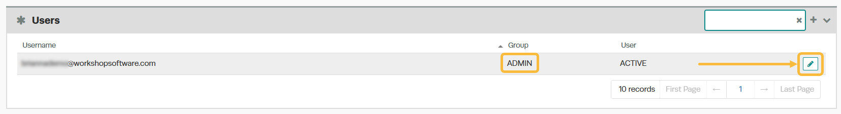 Workshop Software turn on business intelligence (bi) showing 'pencil' icon for the admin level username you want to give a...