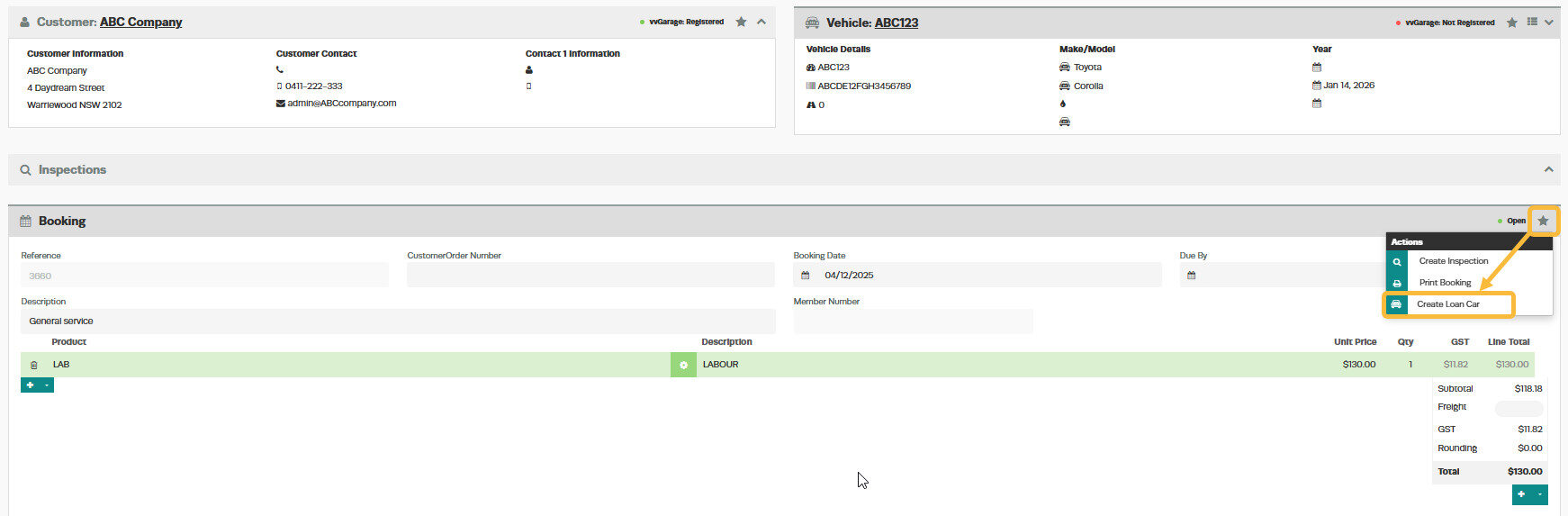Workshop Software screen showing when you are in the customers booking click on the ' action star ' and ' crea...