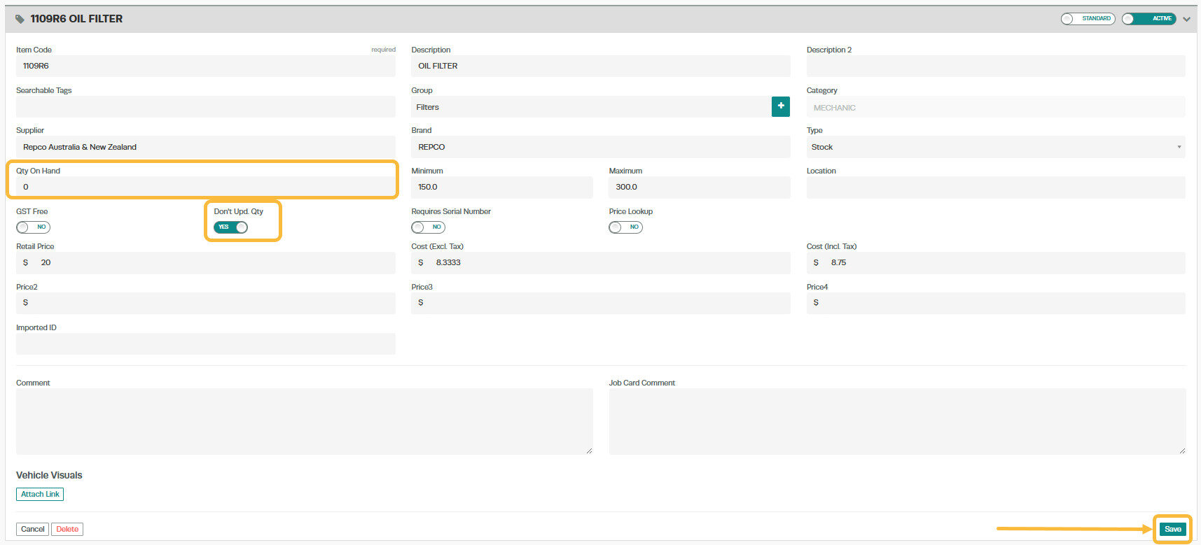 Workshop Software screen showing now when you enter this stock item or labour/job code onto an invoice the qty...