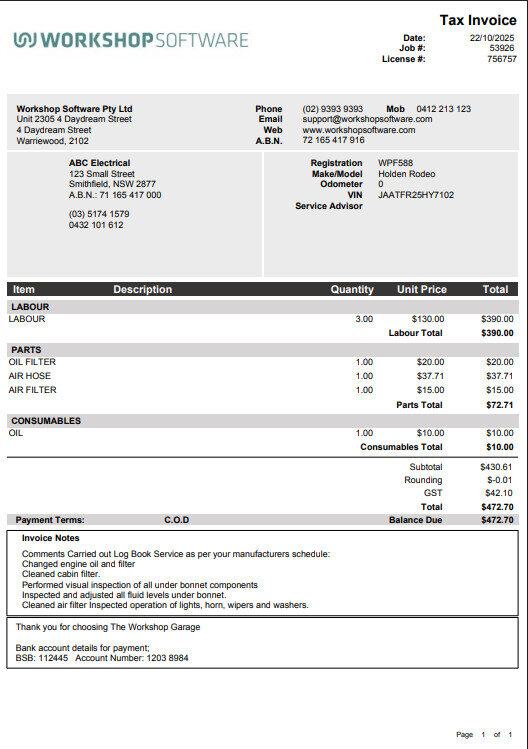 Tax invoice in the Default black and white format showing labour, parts and consumables totals
