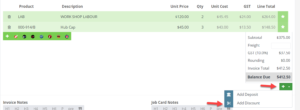 Workshop Software screen showing once the invoice is completed and saved (but not processed) add a discount to...