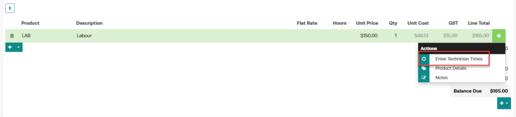 Workshop Software add mechanic hours to an invoice showing ' enter mechanic times' from the dropdown menu