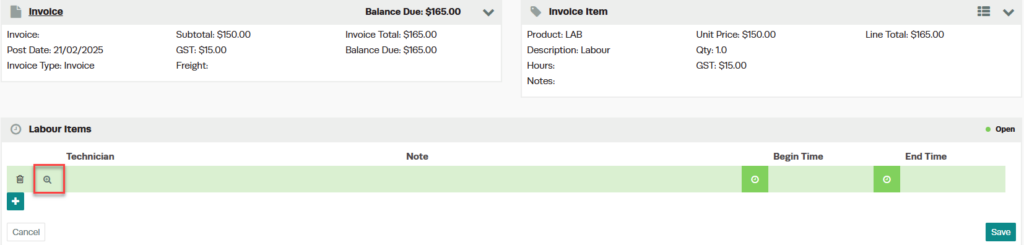 Workshop Software add mechanic hours to an invoice showing green 'magnifying class' icon to bring up a list of all mechani...