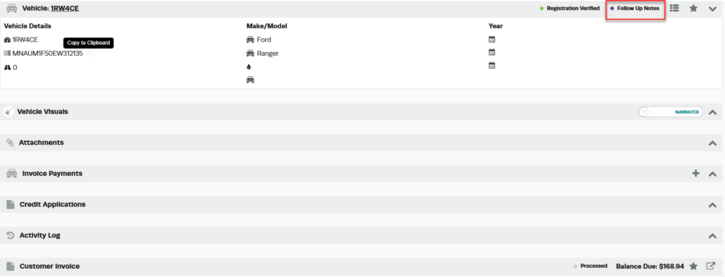 Edit option for modifying an existing follow up note entry