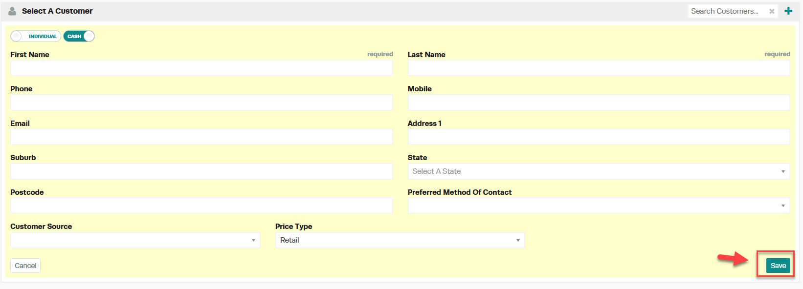 New customer creation form with required name, phone and email fields