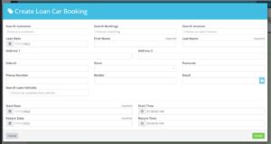 Workshop Software screen showing fill in the create loan car booking page by either searching customer or sear...