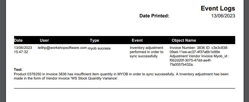 Workshop Software screen showing if a stock adjustment is performed you will find a record of it in reports un...