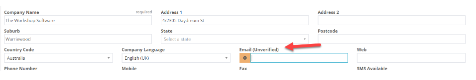 Company settings form with a red arrow pointing to the Email Unverified field