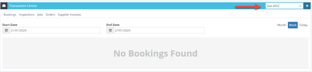 Workshop Software screen showing to view bookings for a specific customer, enter the customer name in the sear...