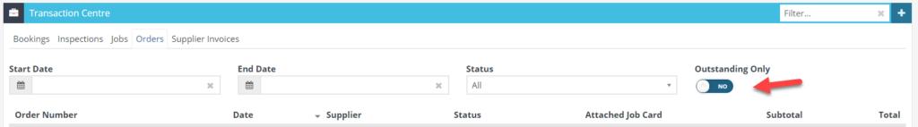 Workshop Software transaction centre showing by outstanding only > yes or no” width=”1024″ height=”142″></p>
<p>Search by Order Number</p>
<p>1. Enter the stock order number in the search filter bar.</p>
<p><img loading=