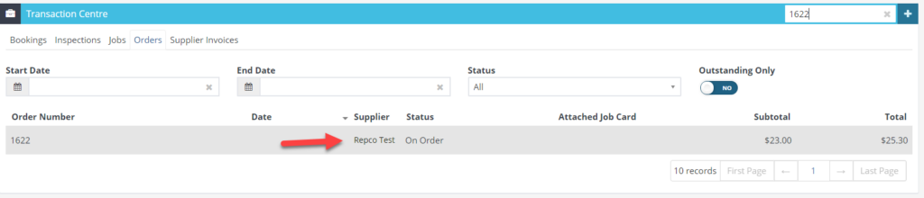 Workshop Software screen showing if you press on the supplier name, it will take you to the supplier profile
