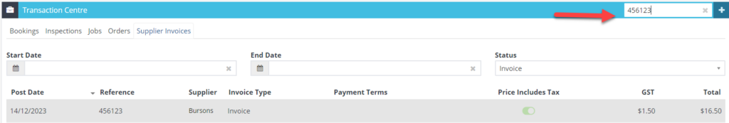 Workshop Software transaction centre showing supplier invoice number in the filter bar