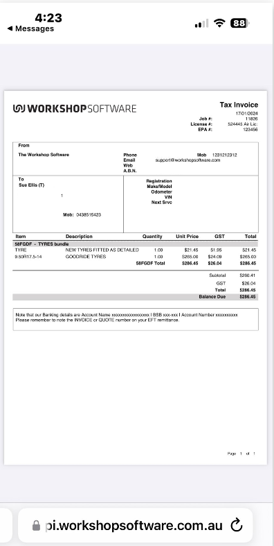 Workshop Software sms job cards and invoices showing link to view your invoice/ quote