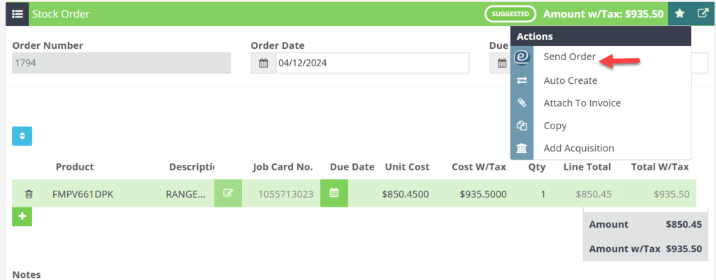 Workshop Software screen showing then select send order and process