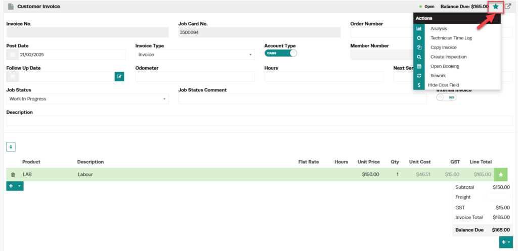 Workshop Software check the profitability of each job showing an invoice, click on the star icon located on the top right ...