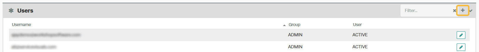 Users list with plus button to add a new user on the far right of the Users bar