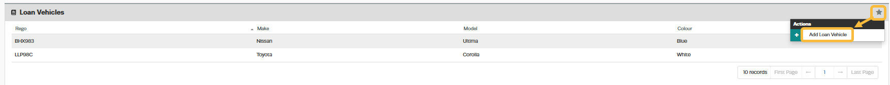 Workshop Software loan car diary set up showing action menu ' star ' on the right -hand side of the vehicle then click on ...