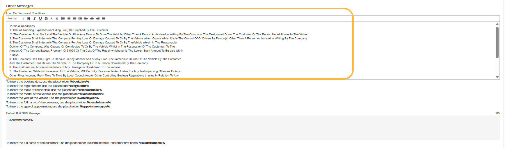 Workshop Software screen showing make sure all the terms and conditions you want the customer to be aware of a...