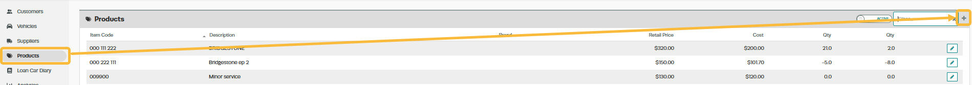 Workshop Software attaching a loan vehicle to a customer invoice showing ' products ' then click on the ' + '